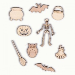 Pack Halloween N°4,squelette, balai de sorcière, chaudrons, chauve-souris, chouette, feu et citrouille