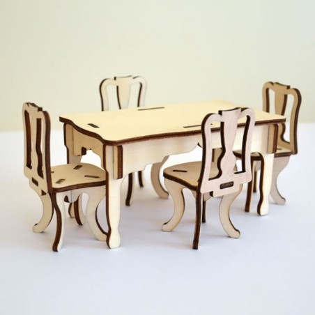 Salle à manger miniature 3D en bois : 1 table et 4 chaises à monter