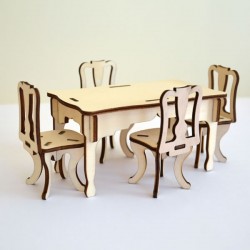 Salle à manger miniature 3D en bois : 1 table et 4 chaises