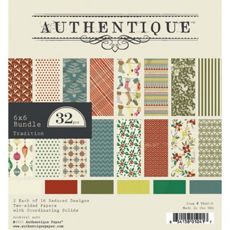 32 feuilles 6x6 double face authentique tons rouge, vert, turquoise