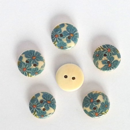 5 Boutons bois fleurs bleu turquoise