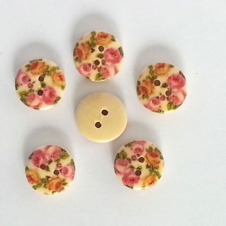 5 Boutons bois fleurs roses orange et rouge