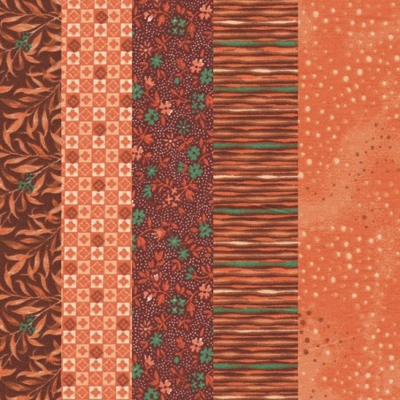 5 Coupons patchwork coordonnés orange/marron/vert coton 29,5 x 70 cm