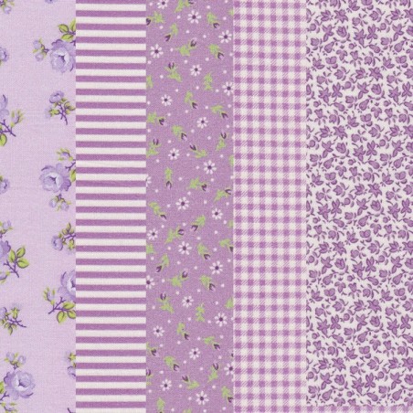 5 Coupons patchwork coordonnés mauve/blanc/vert coton 29,5 x 70 cm