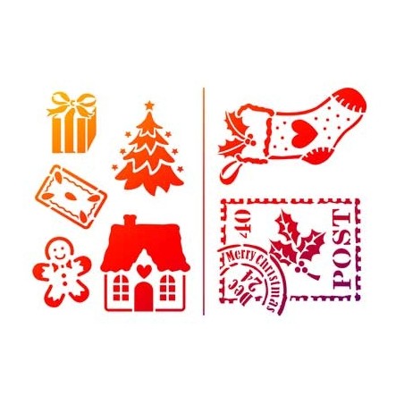 pochoir petits motifs de Noël Chaque motif peut être découpé séparément Sapin, botte, maison, fleur,bonhomme pain d'épices